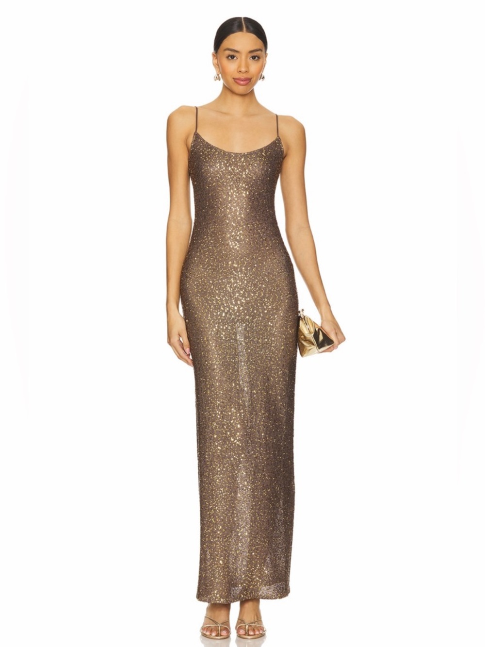 Lovers + Friends Revolve Rossa Brown Gold Sequin Knit Scoop Maxi Dress Medium